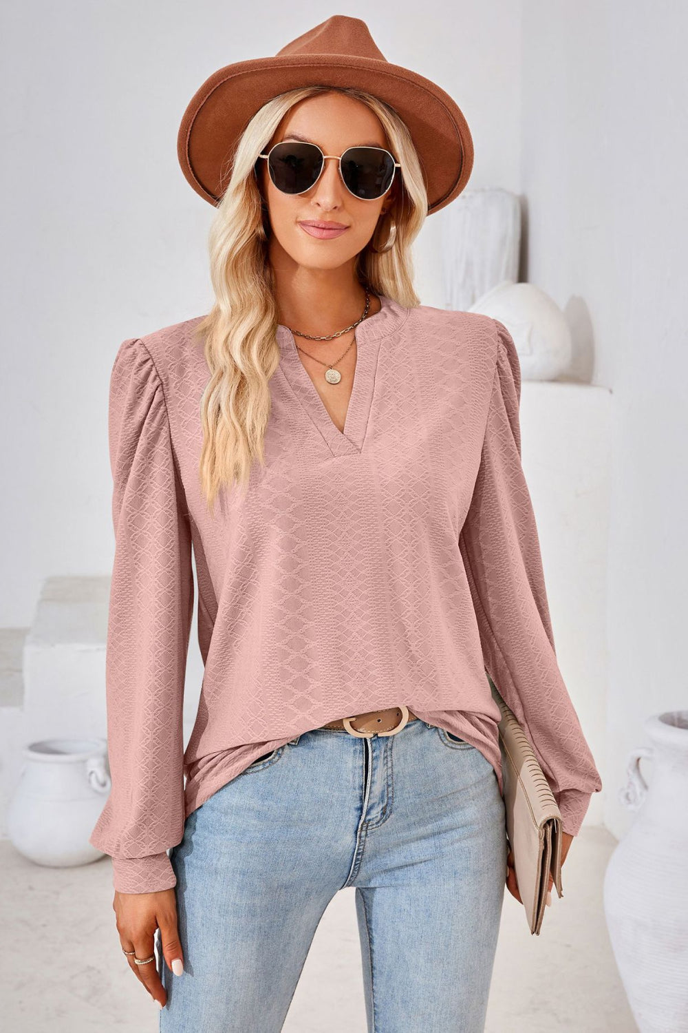 Notched V-Neck Puff Sleeve Blouse