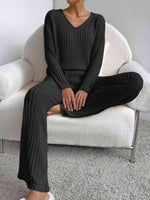 Load image into Gallery viewer, Ribbed V-Neck Long Sleeve Top and Pants Set
