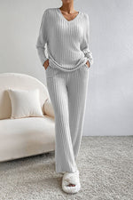 Load image into Gallery viewer, Ribbed V-Neck Lounge Set – Cozy Two-Piece Outfit for Everyday Comfort
