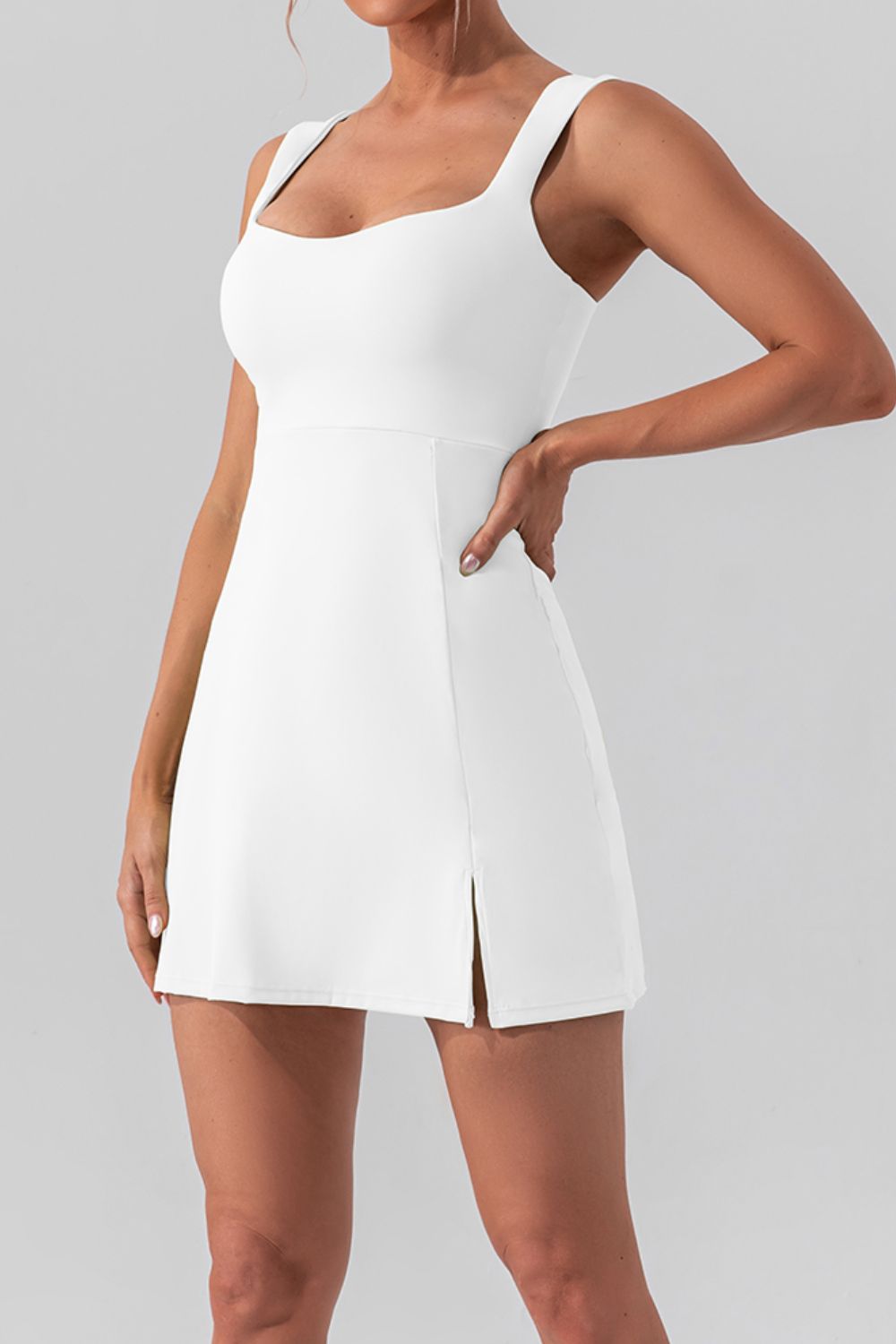 Square Neck Sleeveless Mini Active Dress with Slit – Available in Black, White, Gum Leaf, and Dusty Pink