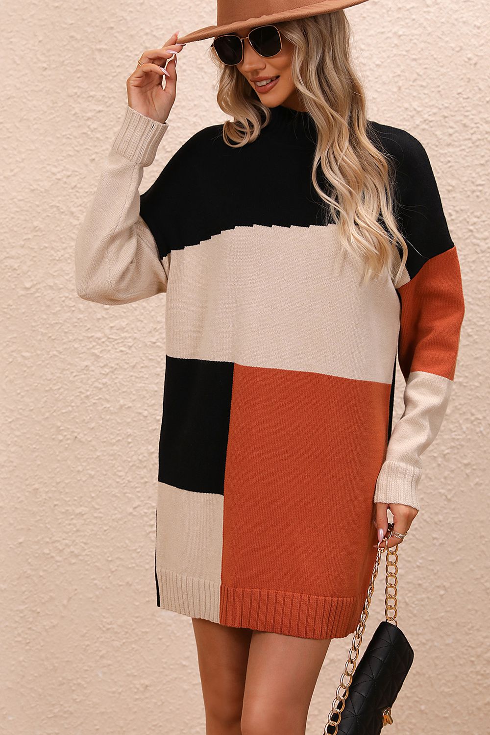 Color Block Ribbed Sweater Mini Dress