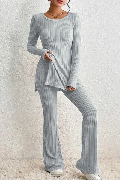 Ribbed Long Sleeve Slit Top & Bootcut Pants Set