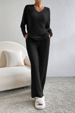 Load image into Gallery viewer, Ribbed V-Neck Lounge Set – Cozy Two-Piece Outfit for Everyday Comfort
