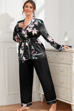Load image into Gallery viewer, Plus Size Floral Belted Robe and Pants Pajama Set
