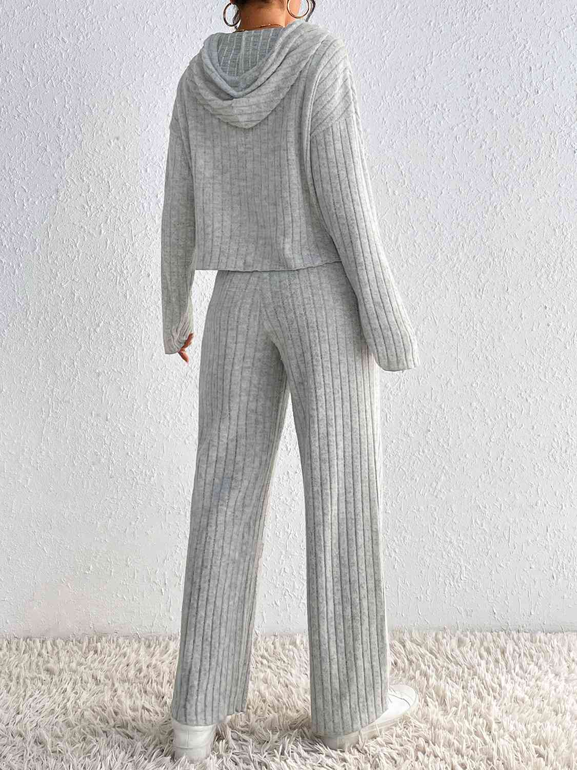 Ribbed Knit Cropped Hoodie & Wide-Leg Pants Set | Loungewear Co-ord
