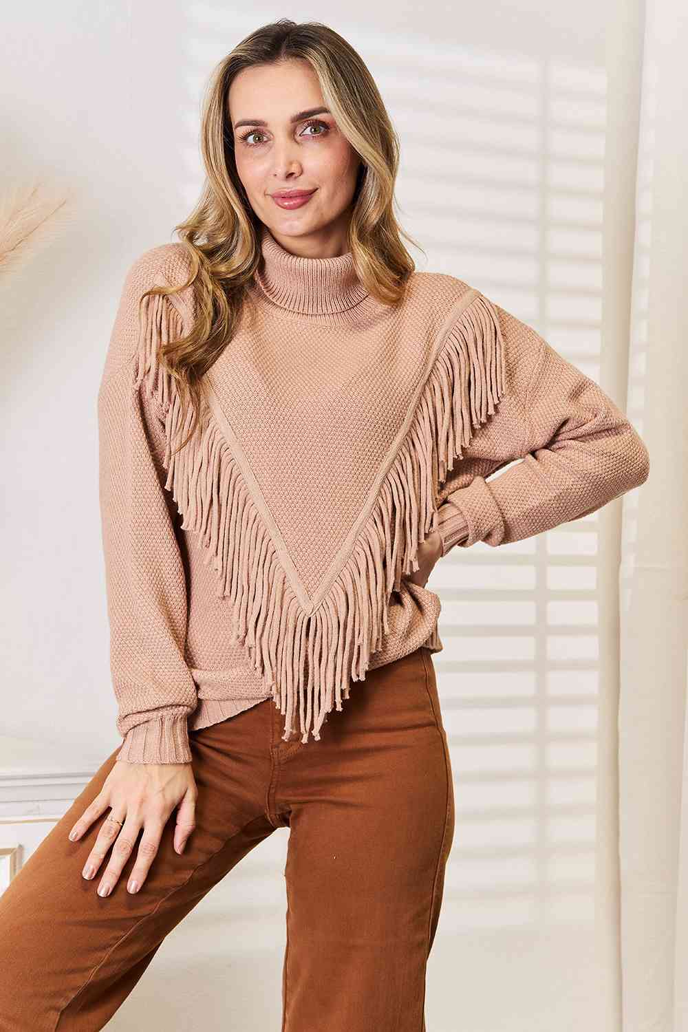 Fringe Front Turtleneck Sweater – Cozy Knit Long Sleeve