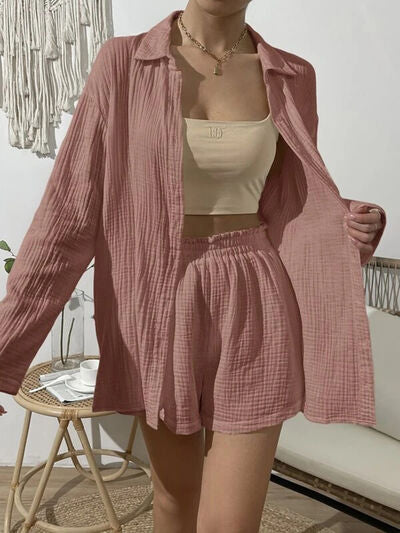 Dropped Shoulder Button-Up Top & Elastic Waist Shorts Set