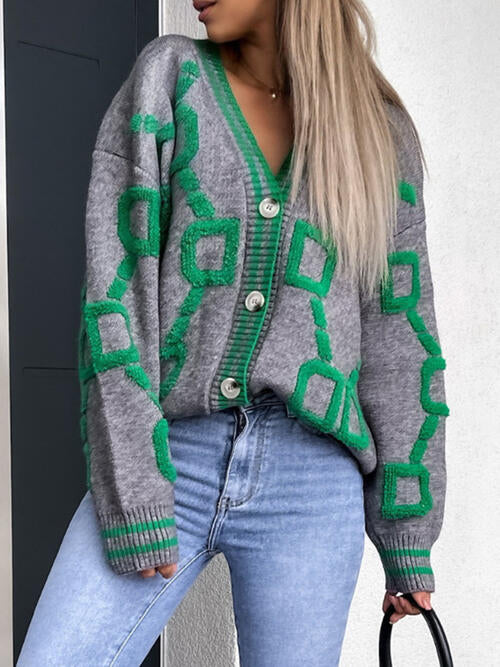 Geometric Dropped Shoulder Button-Down Cardigan