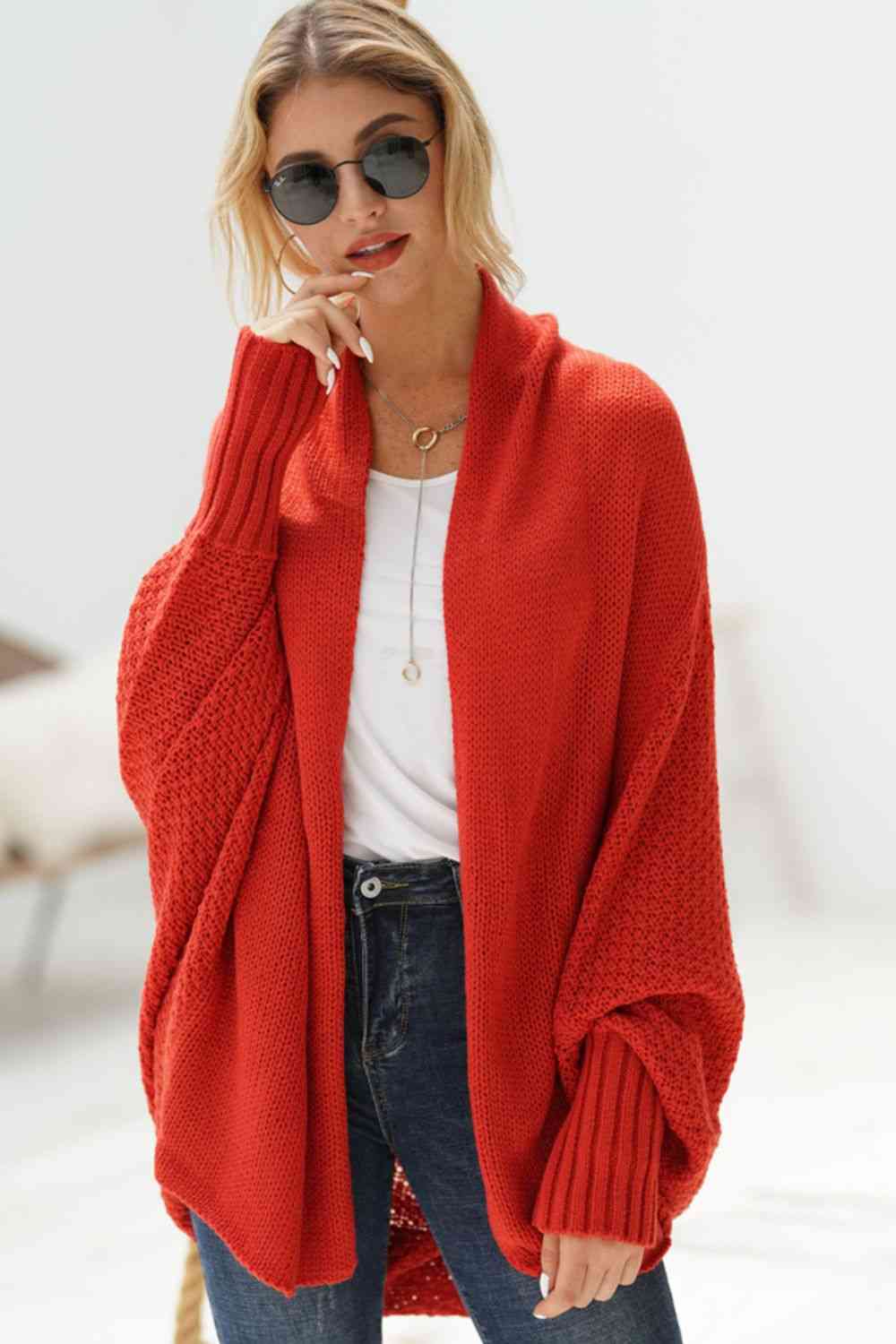 Dolman Sleeve Open Front Ribbed Longline Cardigan