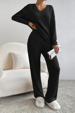 Load image into Gallery viewer, Ribbed V-Neck Top and Pants Set
