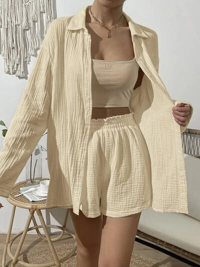 Dropped Shoulder Button-Up Top & Elastic Waist Shorts Set