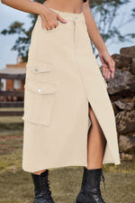 Load image into Gallery viewer, Slit Front Midi Denim Skirt with Pockets
