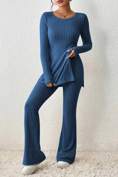 Ribbed Long Sleeve Slit Top & Bootcut Pants Set