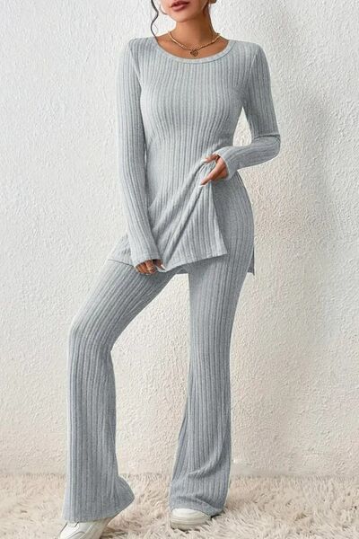Ribbed Long Sleeve Slit Top & Bootcut Pants Set