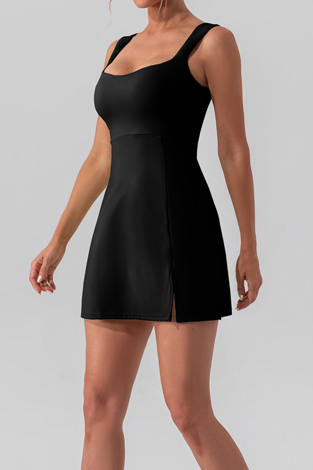 Square Neck Sleeveless Mini Active Dress with Slit – Available in Black, White, Gum Leaf, and Dusty Pink