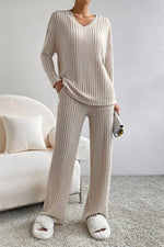 Load image into Gallery viewer, Ribbed V-Neck Top and Pants Set
