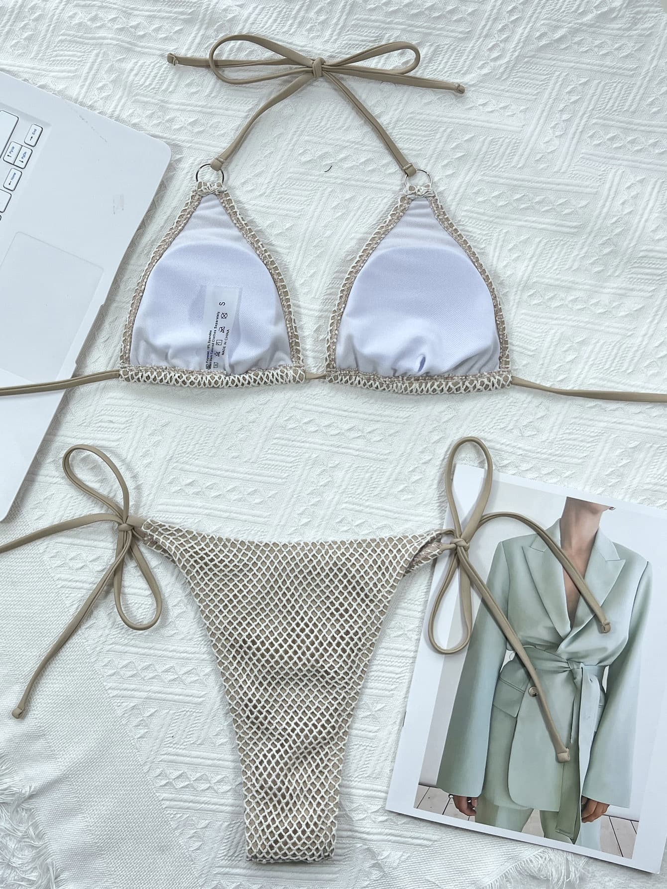 Fishnet Crochet Halter Bikini Set | Gold Ring Tie-Back Two-Piece