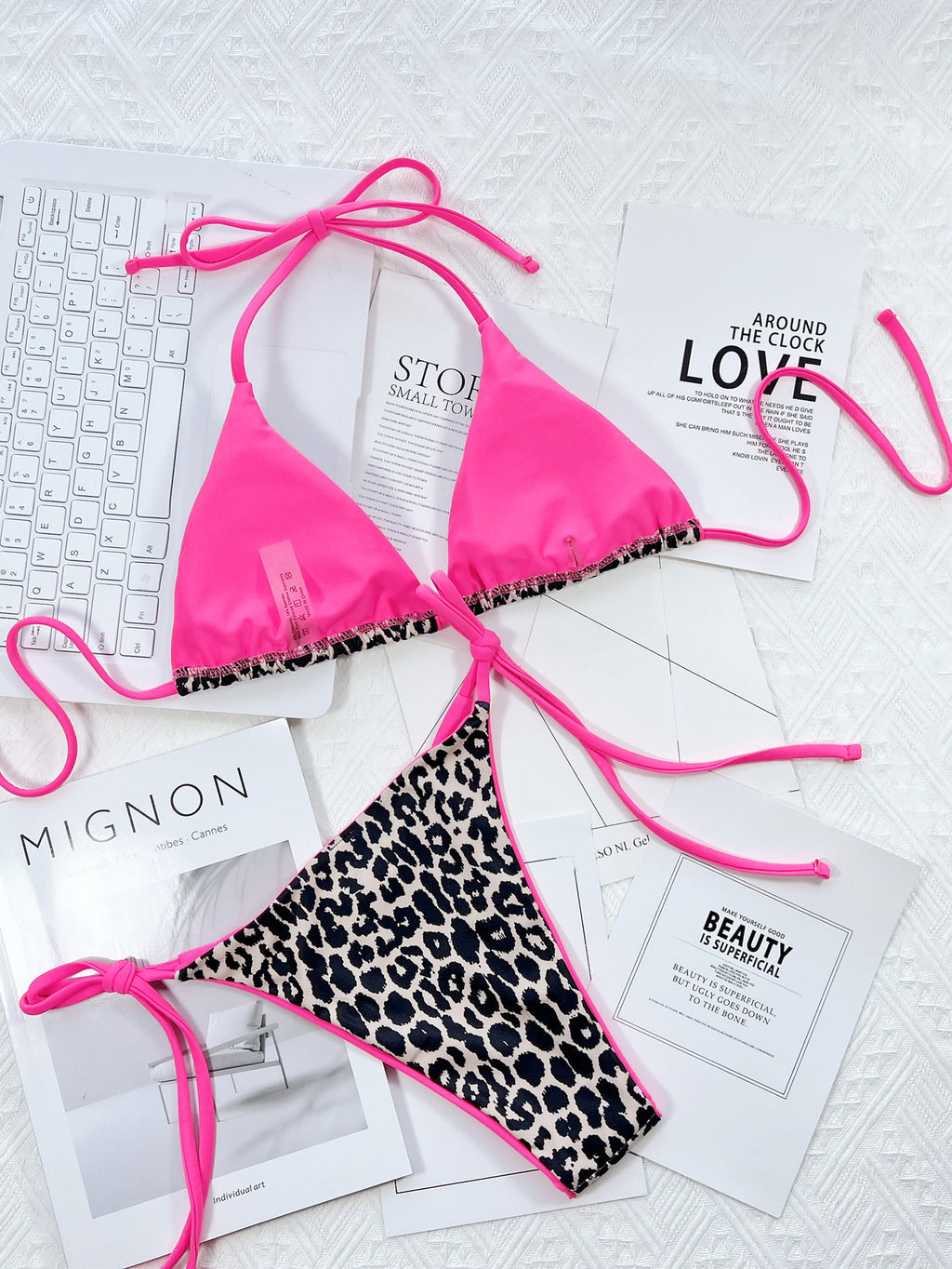 Leopard Print Triangle Bikini Set | Neon Tie-Side Two-Piece