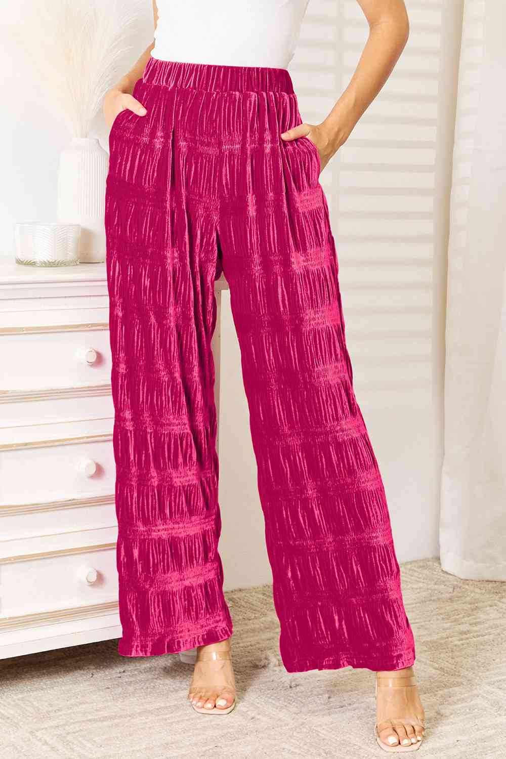 High Waist Tiered Shirred Velvet Wide Leg Pants