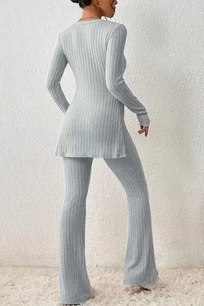 Ribbed Long Sleeve Slit Top & Bootcut Pants Set