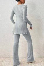 Load image into Gallery viewer, Ribbed Long Sleeve Slit Top and Bootcut Pants Set
