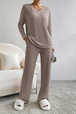 Load image into Gallery viewer, Ribbed V-Neck Top and Pants Set
