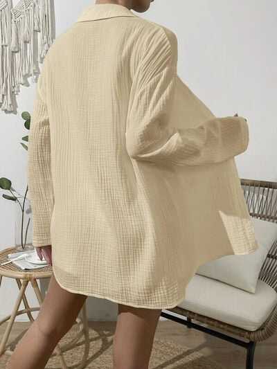 Dropped Shoulder Button-Up Top & Elastic Waist Shorts Set