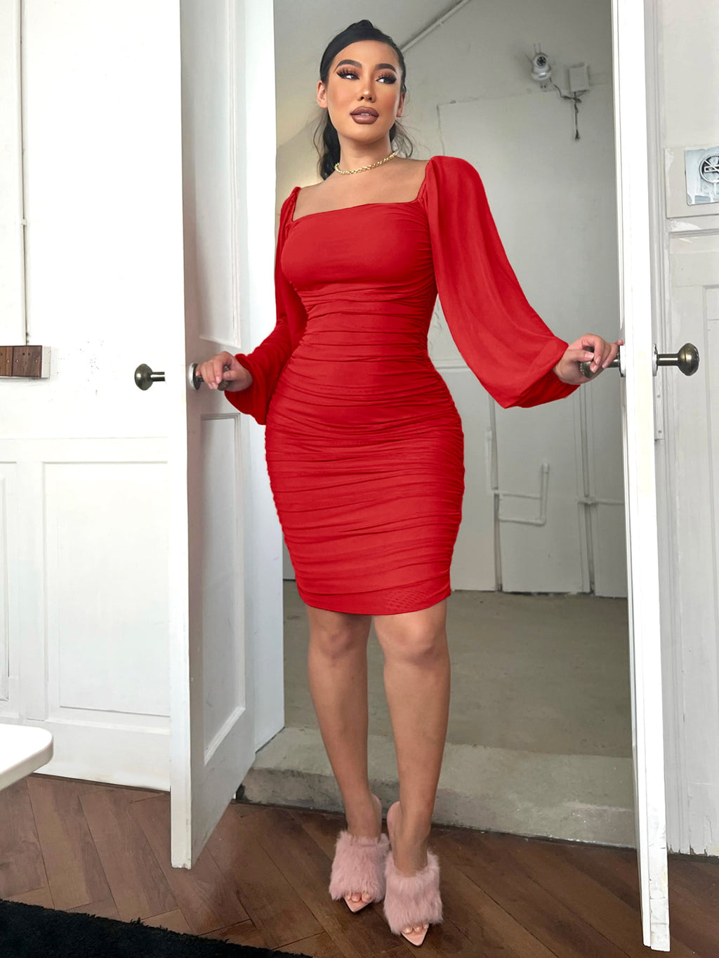 Zip-Back Ruched Bodycon Dress — Square Neck Long Sleeve