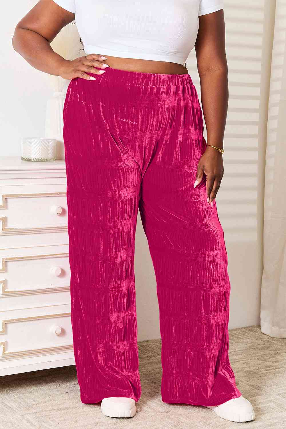 High Waist Tiered Shirred Velvet Wide Leg Pants
