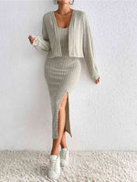 Load image into Gallery viewer, Ribbed Spaghetti Strap Slit Dress &amp; Cardigan Set
