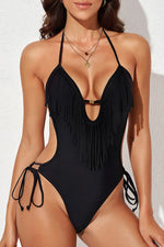 Load image into Gallery viewer, Fringe Trim Tied Halter Neck Backless One-Piece Swimsuit
