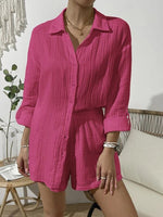 Load image into Gallery viewer, Dropped Shoulder Button Up Top and Elastic Waist Shorts Set
