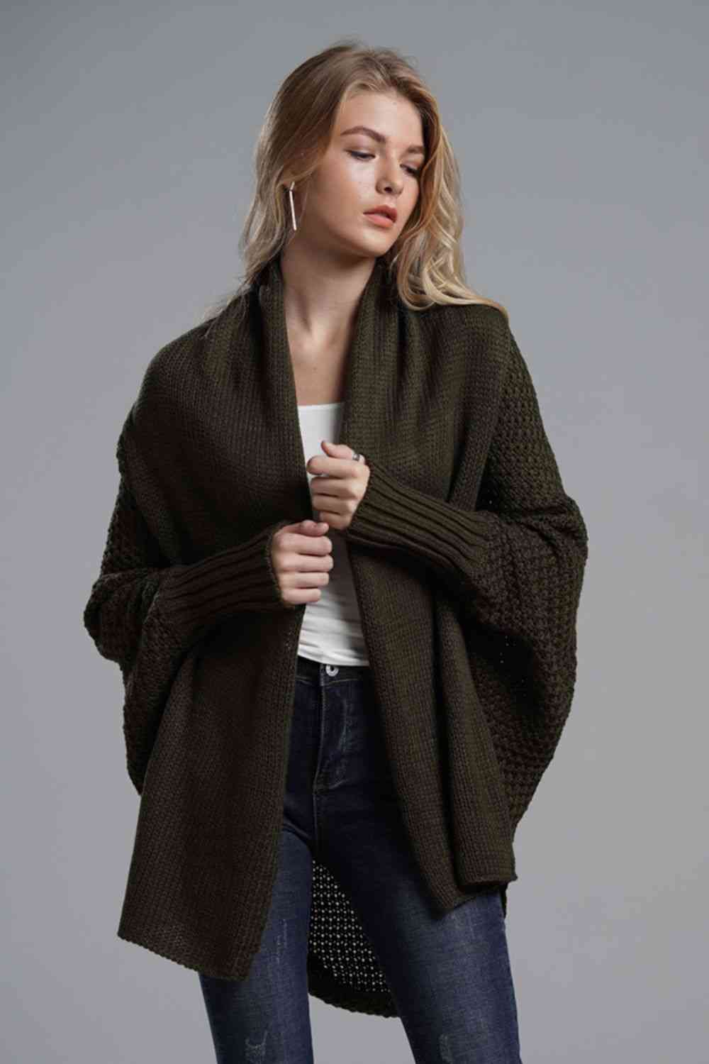 Dolman Sleeve Open Front Ribbed Longline Cardigan