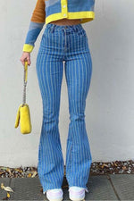 Load image into Gallery viewer, Raw Hem Striped Jeans Pants
