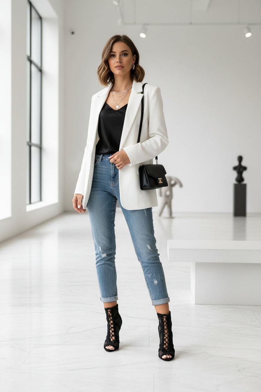 Woman in a white blazer, black top, and blue jeans standing in a modern room.