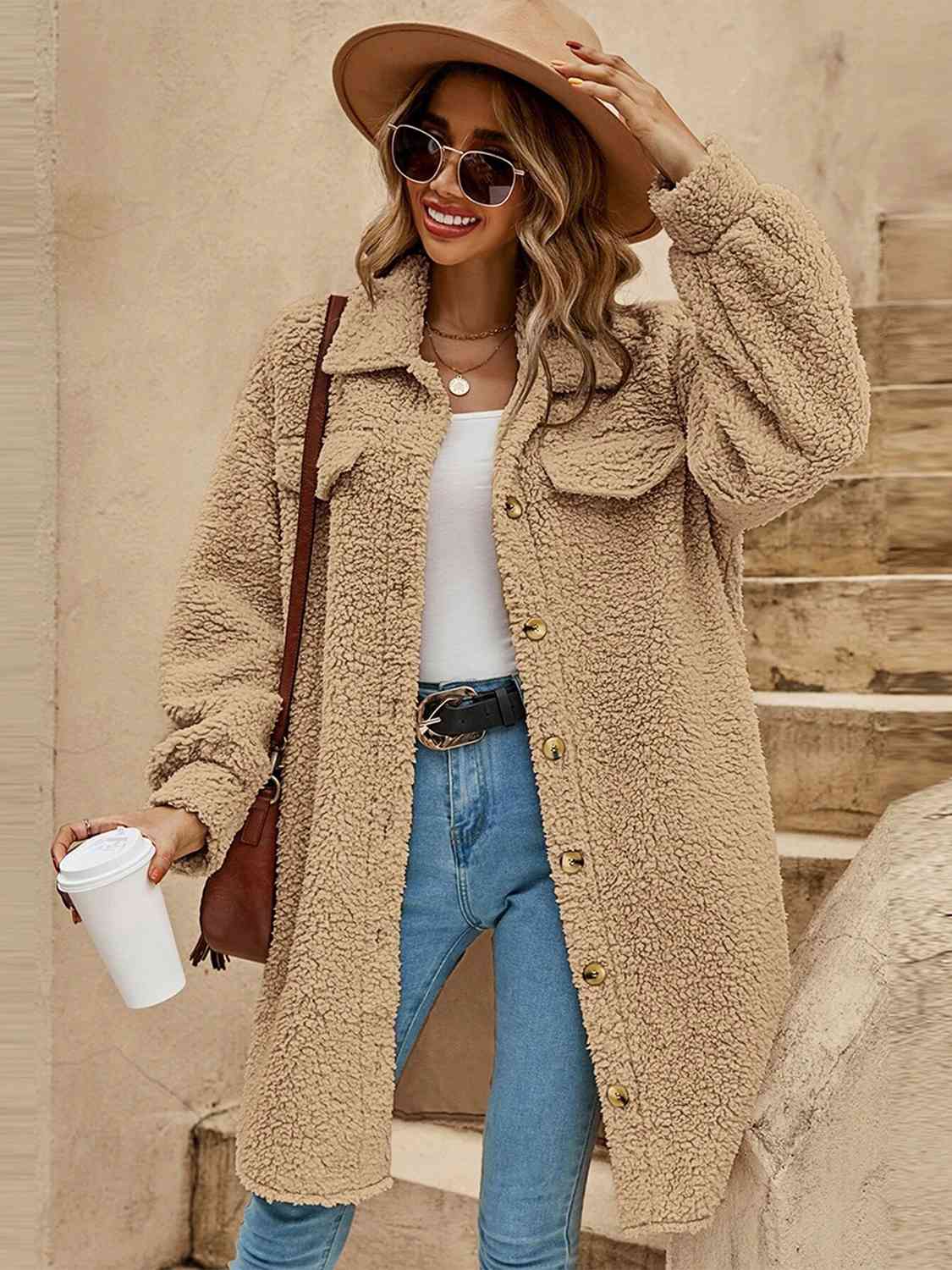 Long Sherpa Button-Down Coat Fleece Outerwear