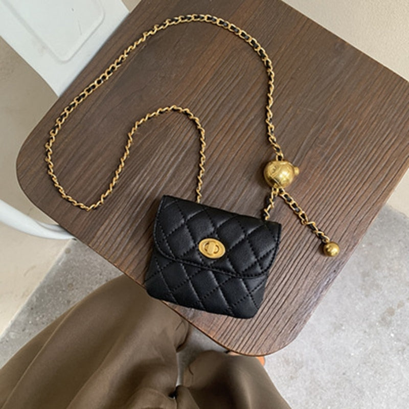 Mini Quilted Crossbody Bag | Gold Chain Strap & Ball Clasp | Designer-Inspired