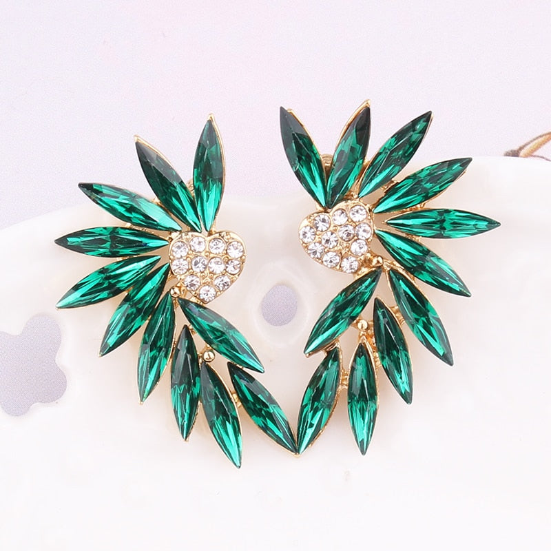 Crystal Wing Heart Stud Earrings | Marquise Stone Fan Ear Studs
