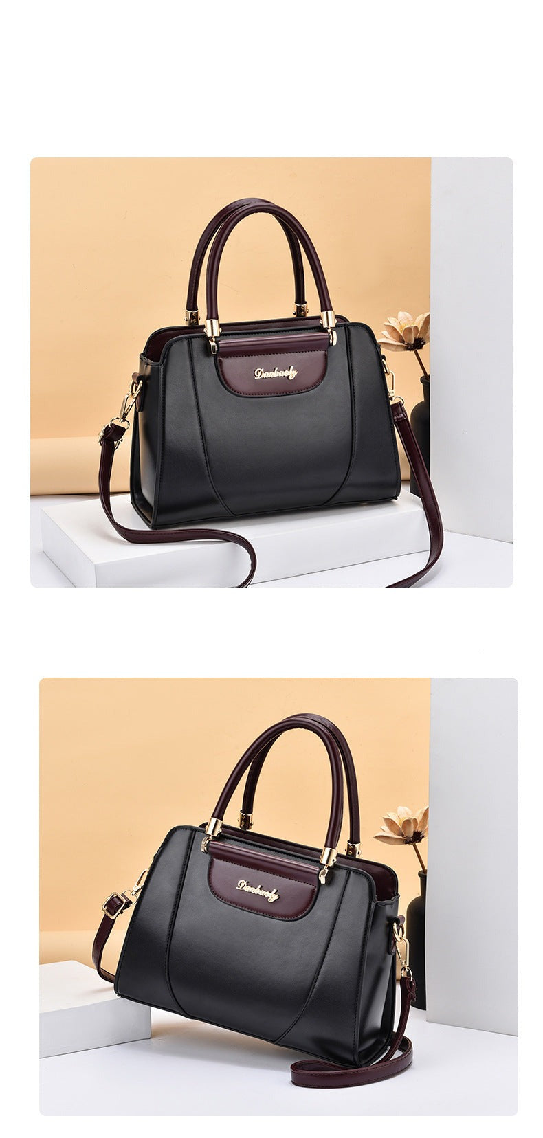 Two-Tone Top Handle Satchel Leather Handbag
