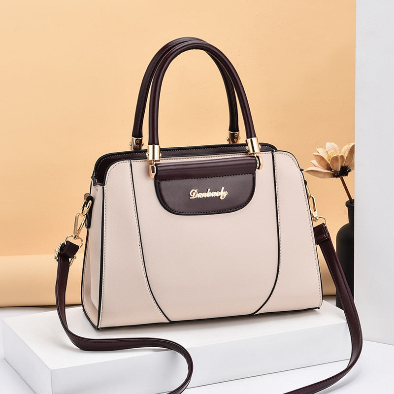 Two-Tone Top Handle Satchel Leather Handbag