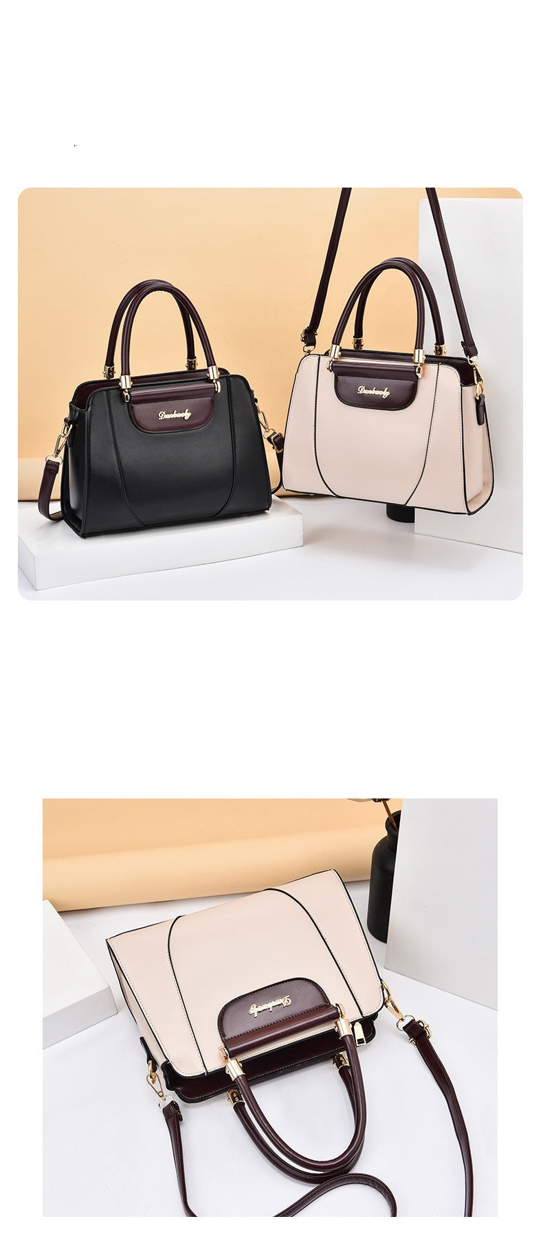 Two-Tone Top Handle Satchel Leather Handbag