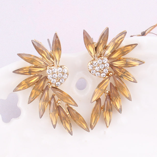 Crystal Wing Heart Stud Earrings | Marquise Stone Fan Ear Studs