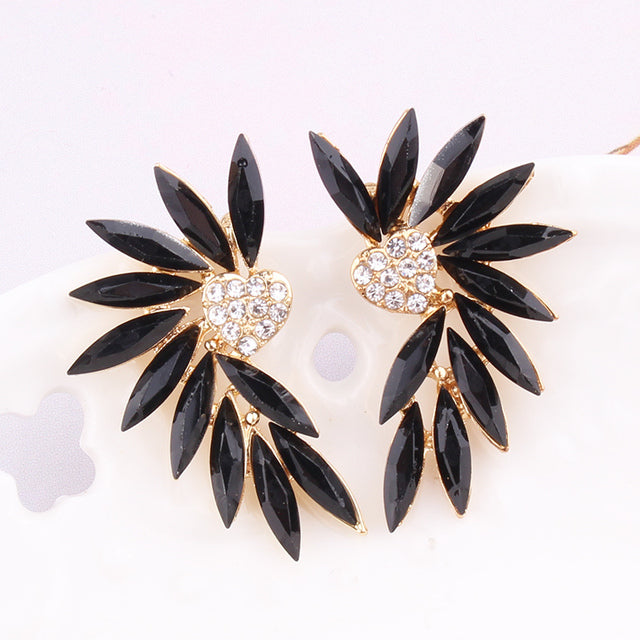 Crystal Wing Heart Stud Earrings | Marquise Stone Fan Ear Studs