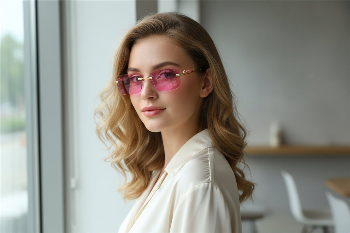 Woman wearing pink sunglasses indoors with a neutral background