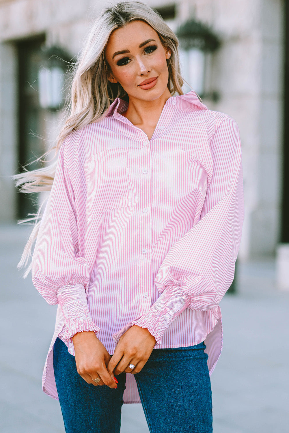 Striped Lantern Sleeve Button-Down Shirt
