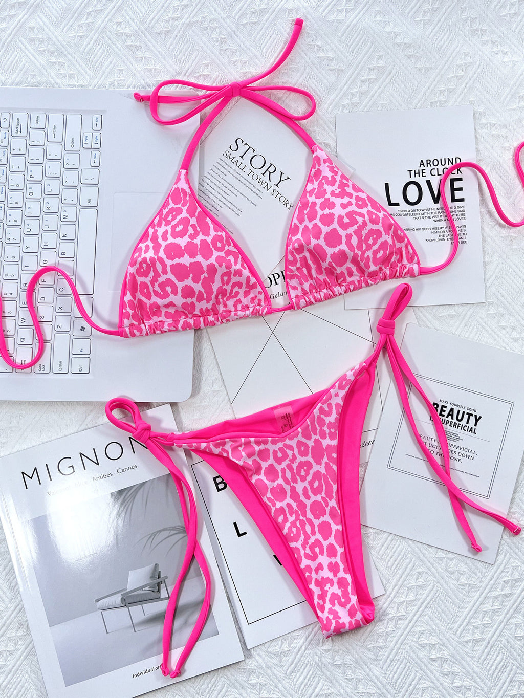 Leopard Print Triangle Bikini Set | Neon Tie-Side Two-Piece