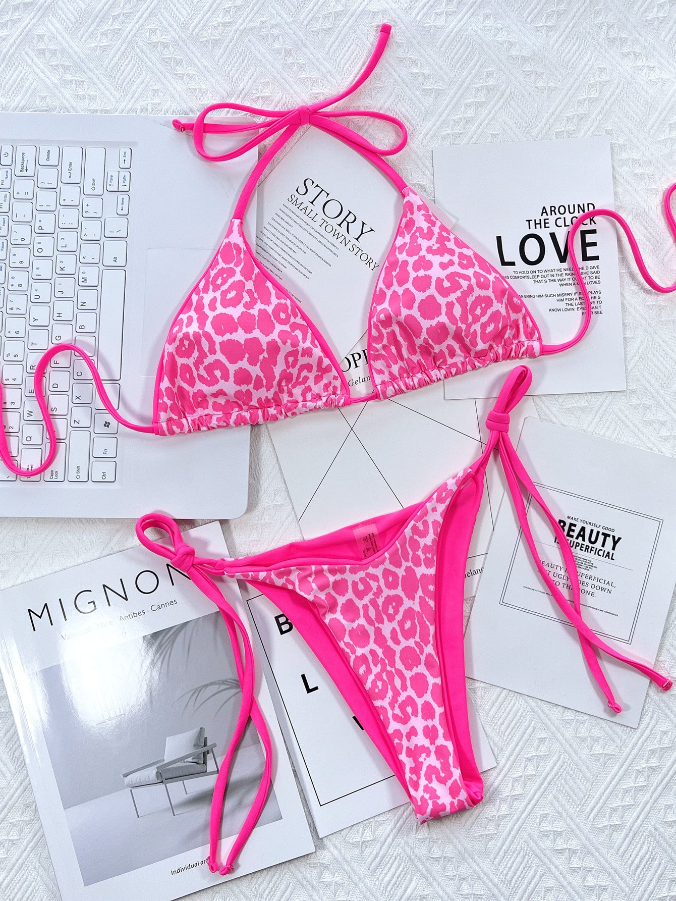 Leopard Print Triangle Bikini Set | Neon Tie-Side Two-Piece