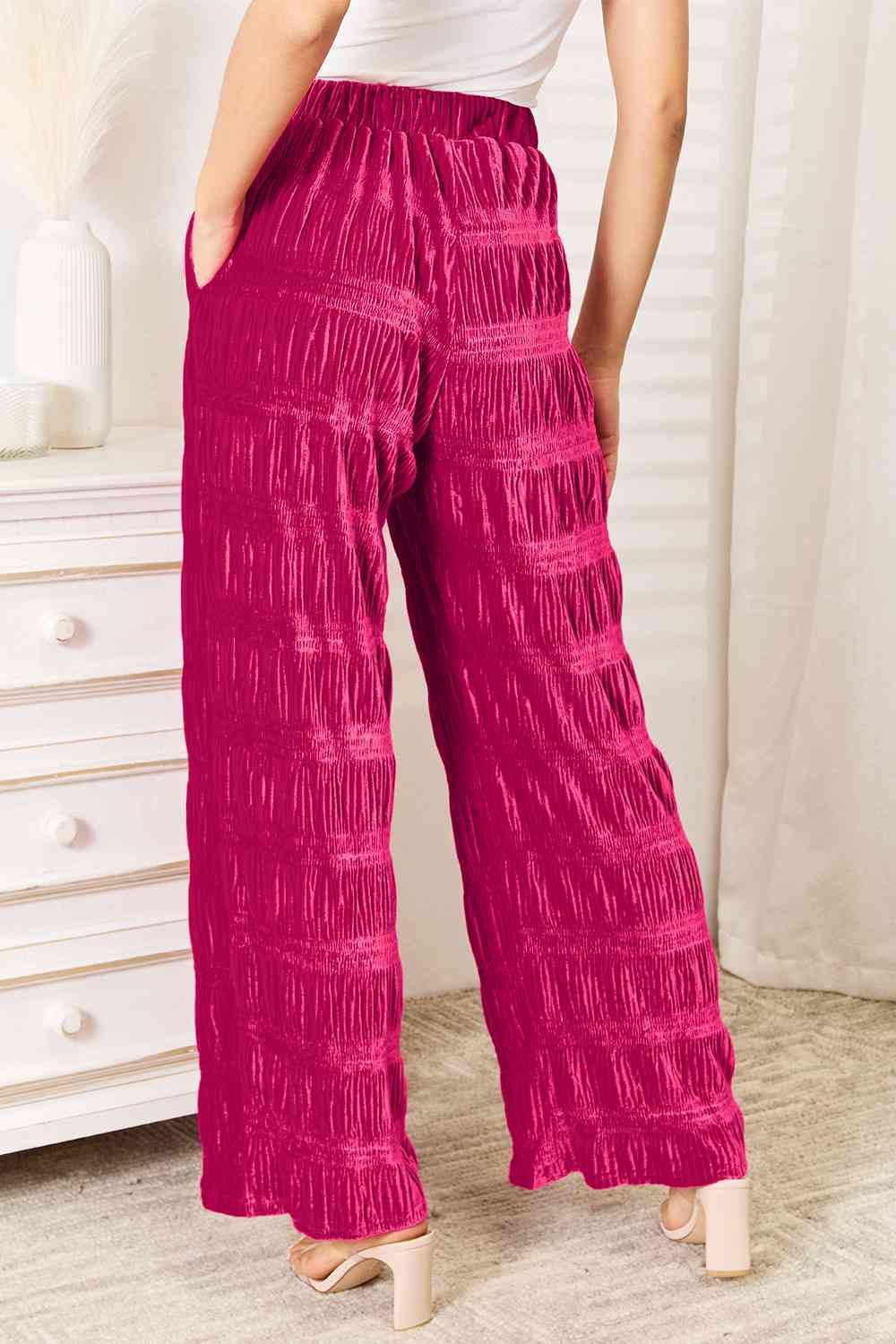 High Waist Tiered Shirred Velvet Wide Leg Pants