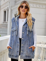 Load image into Gallery viewer, Drawstring Hooded Sleeveless Denim Top with Pockets
