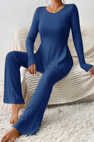 Ribbed Long Sleeve Slit Top & Bootcut Pants Set